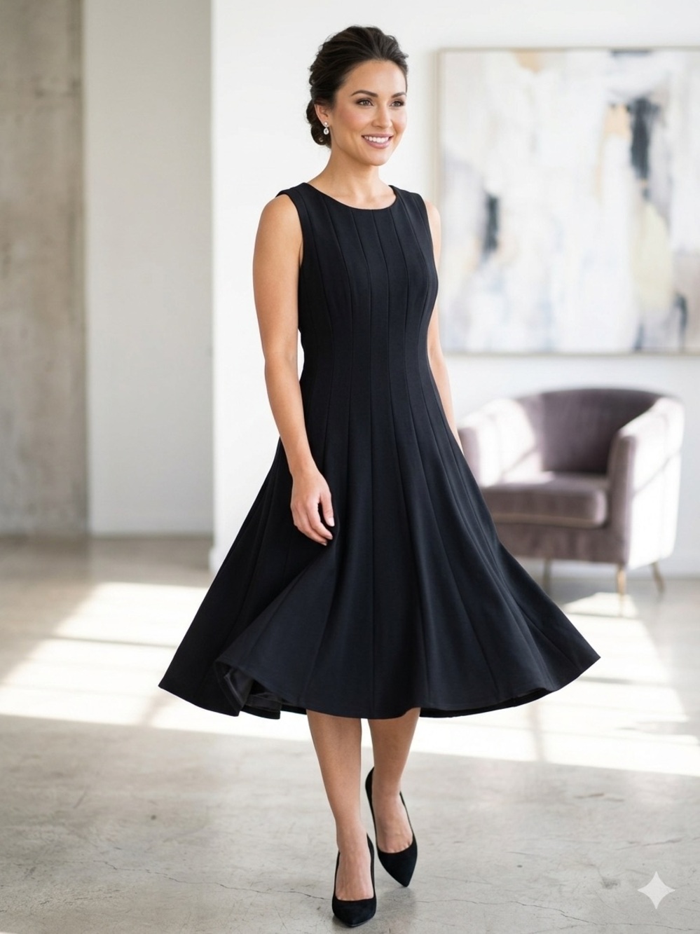 NWT Calvin Klein Black Pintuck Fit & Flare Midi Dress - Size 4